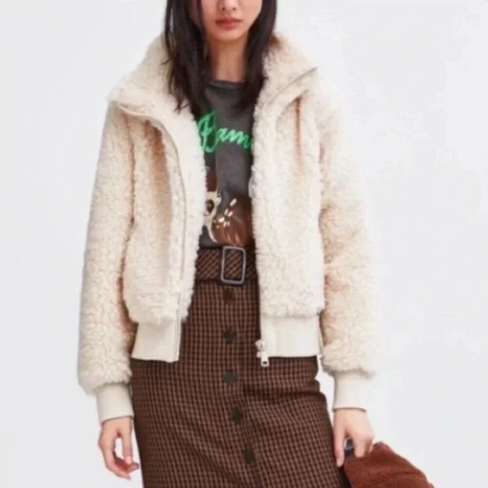 Zara Teddy Fuzzy Cream Zip Up Jacket